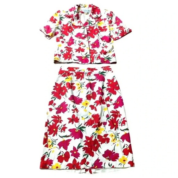 Gay Boyer floral print skirt suit VTG Lined Size 10 Spring Cotton Vibrant Classy - Picture 1 of 16